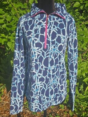 Lilly Pulitzer Navy Blue and White Bamboo-Print Half-Zip Pullover XS